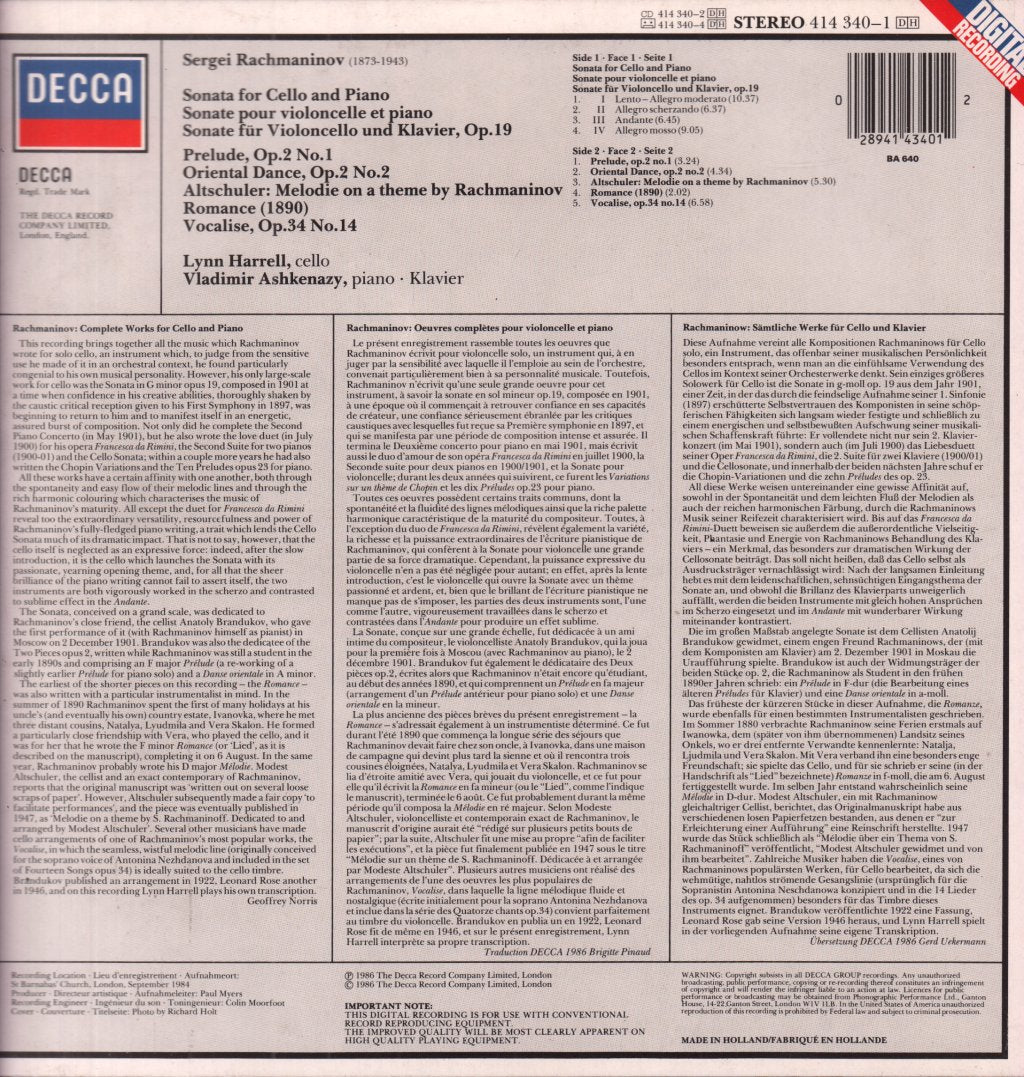 Lynn Harrell Vladimir Ashkenazy - Rachmaninoff Sonata For Cello & Piano - Lp