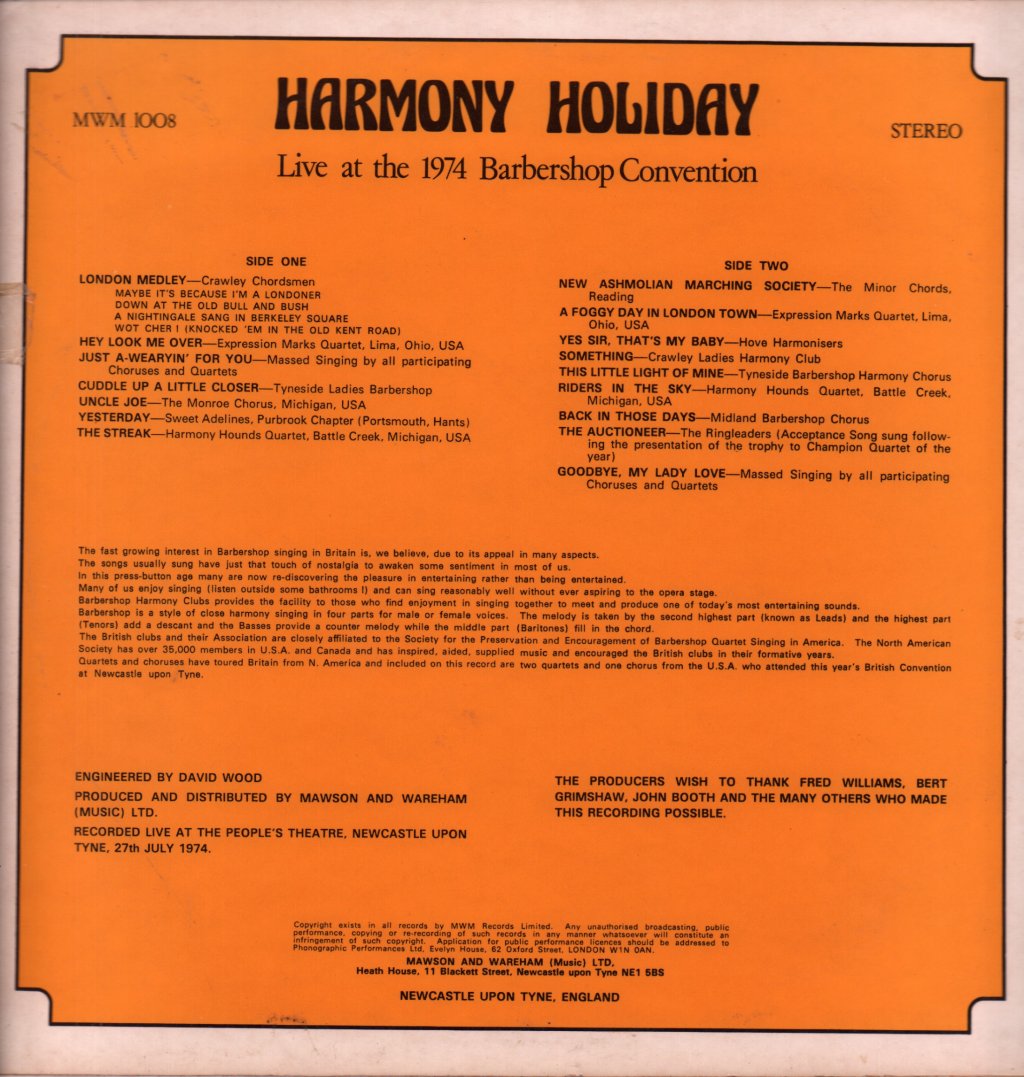 Harmony Holiday - Live At The 1974 Barbershop Convention - Lp