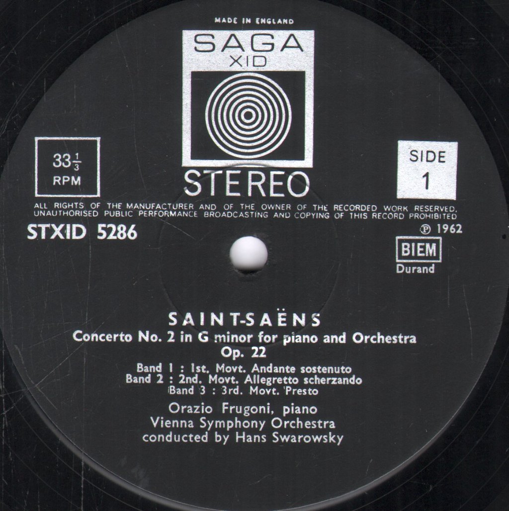 Orazio Frugoni / Vienna Symphony Orchestra / Hans Swarowsky - Saint-Saens - Piano Concertos No. 2 In G Minor Op. 22 & No. 5 In F Major Op. 103 - Lp