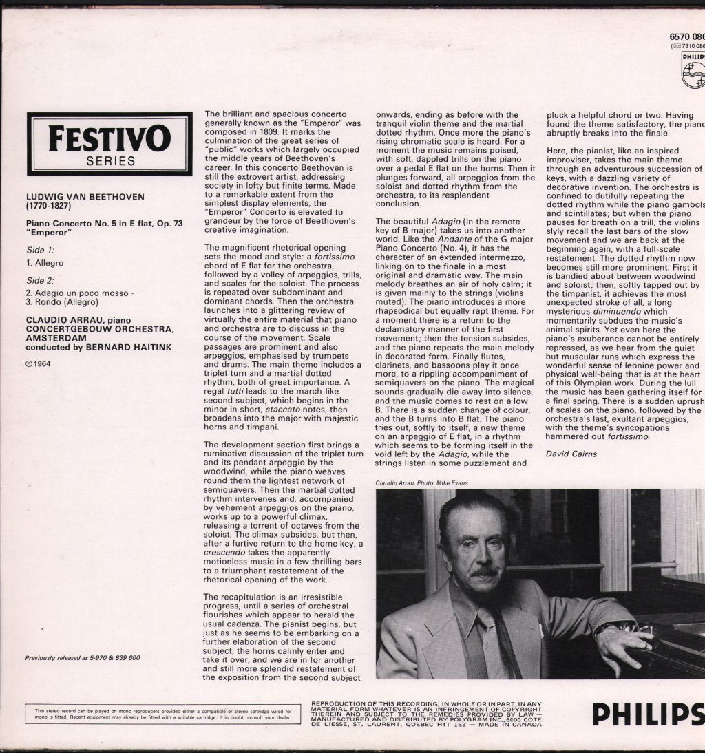 Claudio Arrau / Bernard Haitink / Concertgebouw Orchestra, Amsterdam - Beethoven - Piano Concerto No. 5 Emperor - Lp