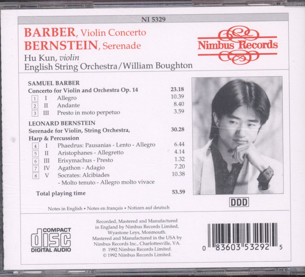 Hu Kun, English String Orchestra - Samuel Barber / Leonard Bernstein -  Violin Concerto / Serenade - Cd