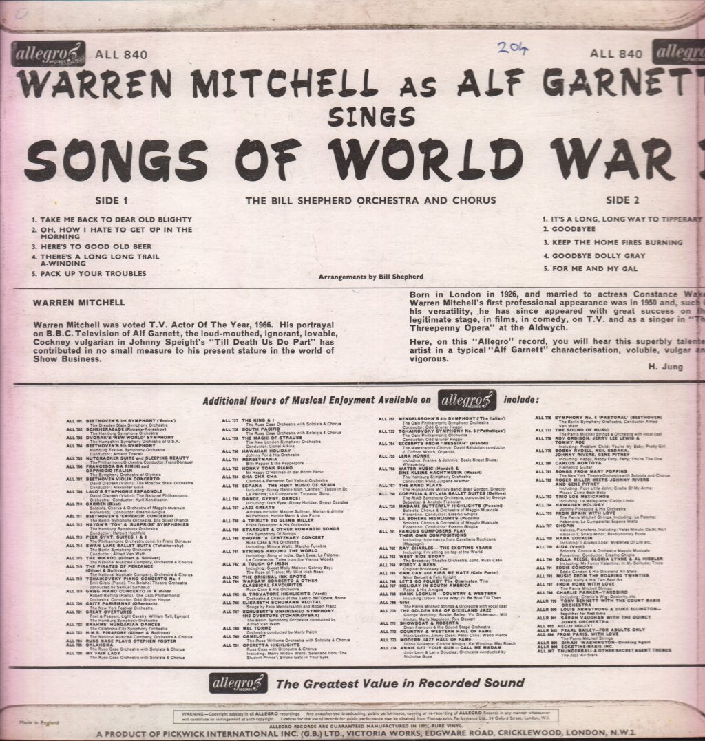 Warren Mitchell - Songs Of World War 1 - Lp