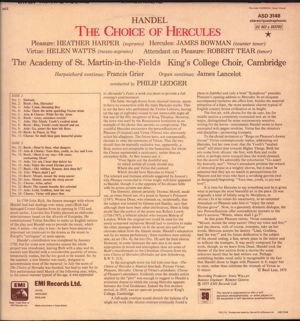 James Bowman / Heather Harper / Helen Watts / Robert Tear / King's College Choir - Handel - Choice Of Hercules - Lp