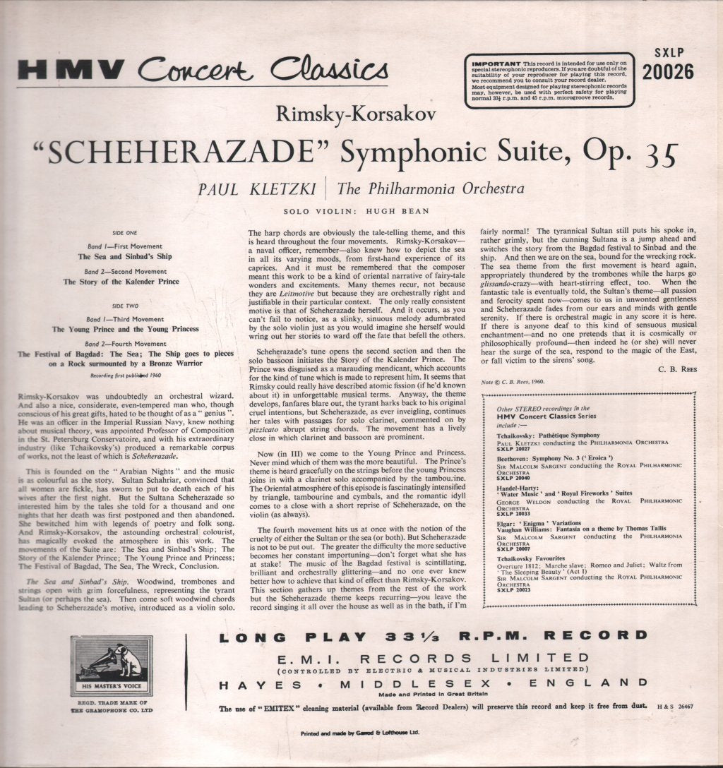 Paul Kletzki / Philharmonia Orchestra / Hugh Bean - Rimsky-Korsakov - Scheherazade - Lp