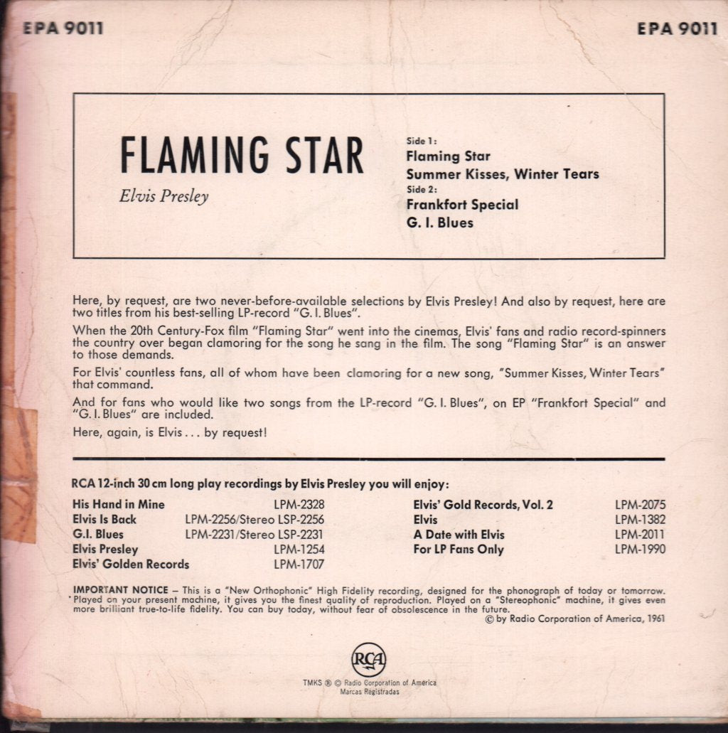 Elvis Presley - Elvis By Request (Flaming Star And 3 Other Great Songs) - 7 Inch