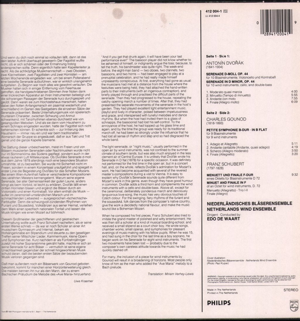 Netherlands Wind Ensemble / Edo De Waart - Dvorak - Serenade OP.44 / Gounod - Petite Symphonie / Schubert - Minuet And Finale - Lp