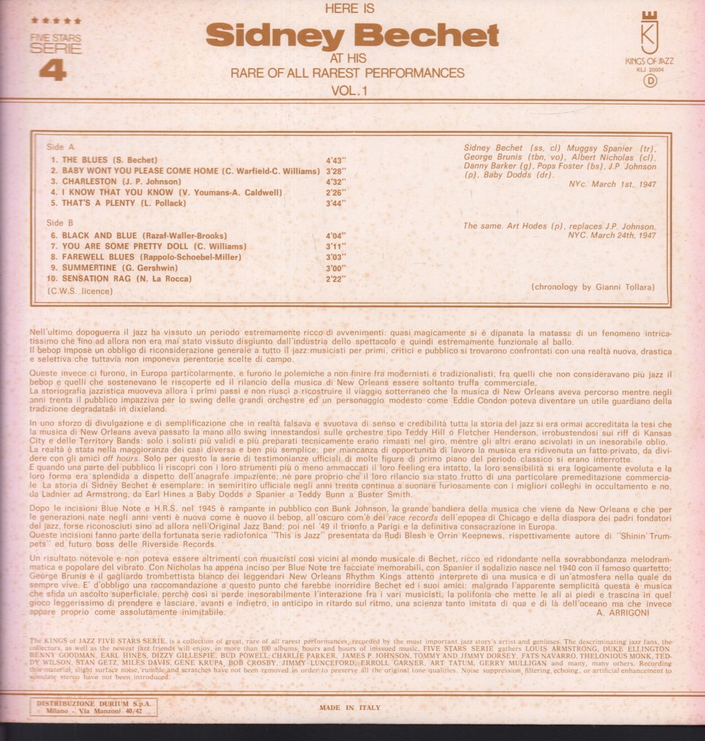 Sidney Bechet - Here Is Sidney Bechet At His Rare Of All Rarest Performances Vol. 1 - Lp
