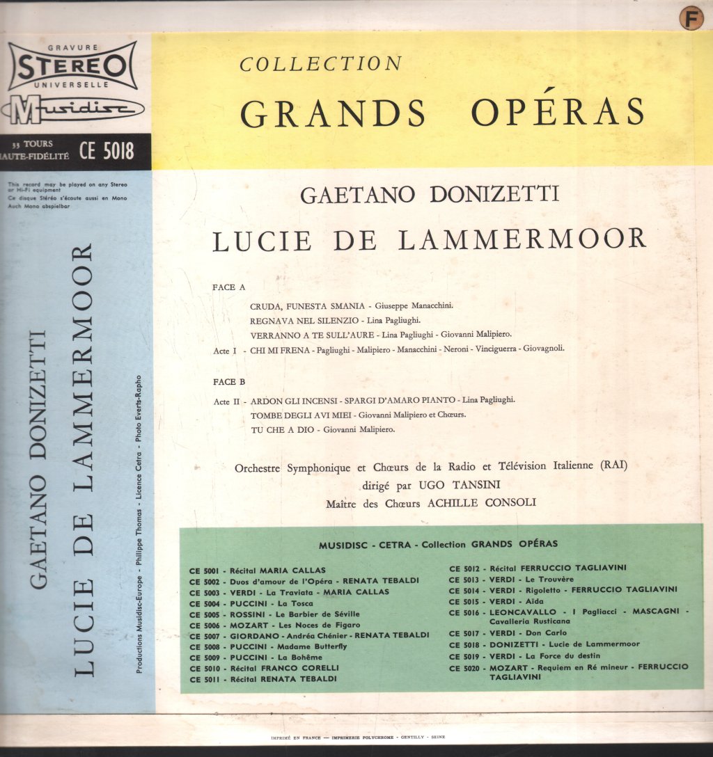 Orchestre Symphonique De La Radio Et Television Italienne / Ugo Tansini - Gaetano Donizetti - Lucia Di Lammermoor - Lp
