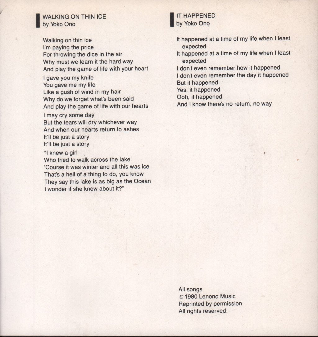 Yoko Ono - Walking On Thin Ice - 7 Inch