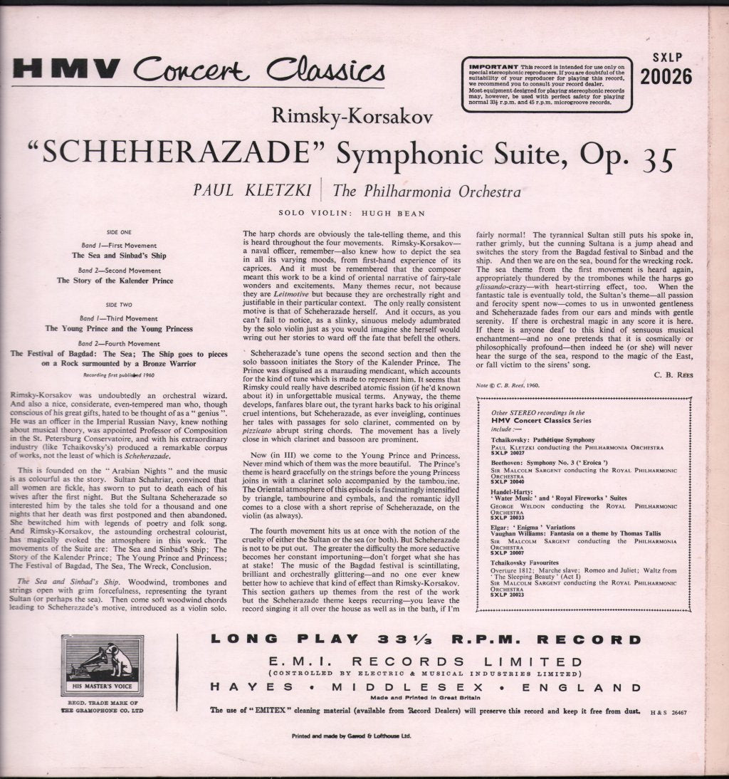 Paul Kletzki / Philharmonia Orchestra / Hugh Bean - Rimsky-Korsakov - Scheherazade - Lp