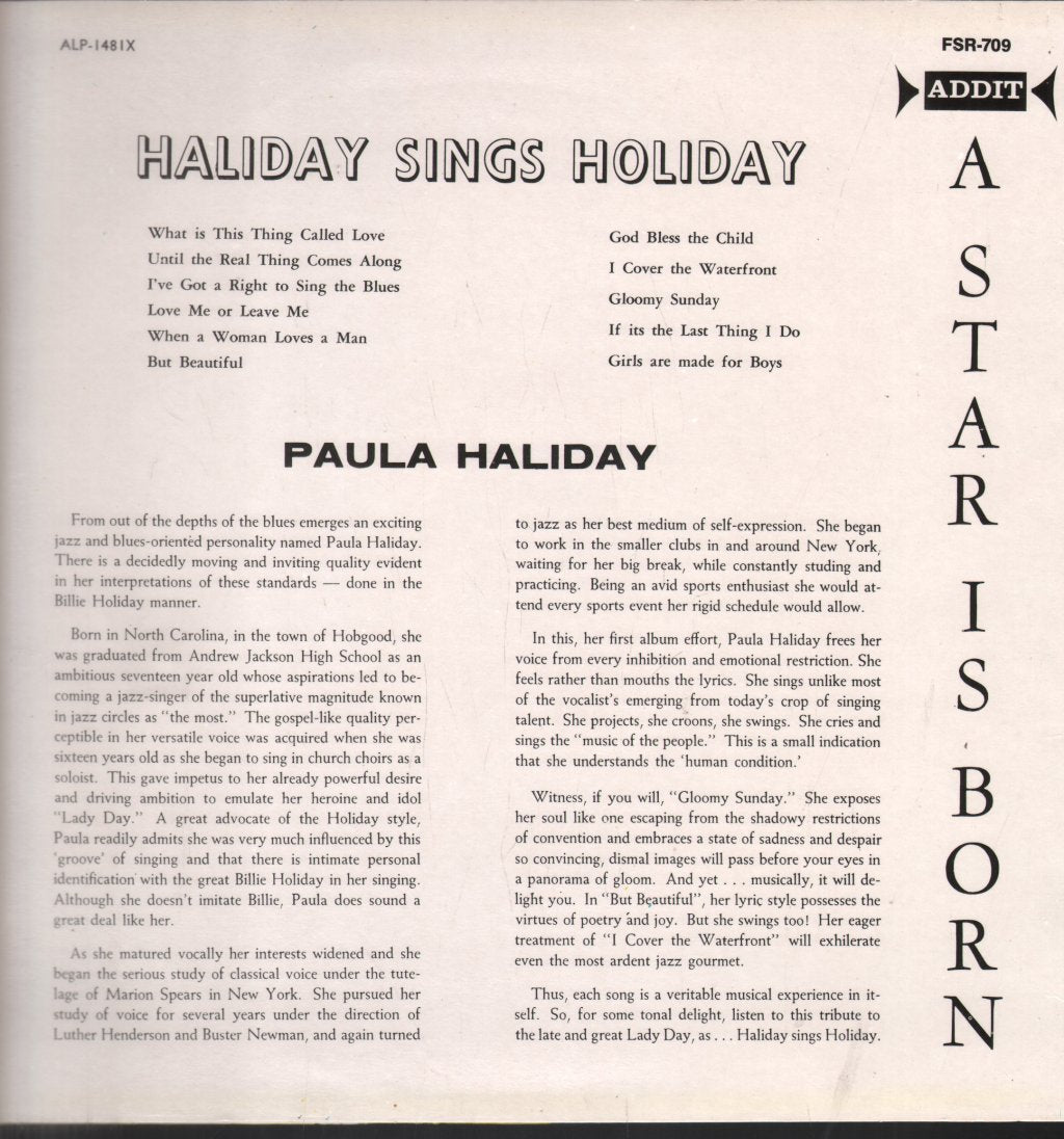 Paula Haliday - Haliday Sings Holiday - Lp