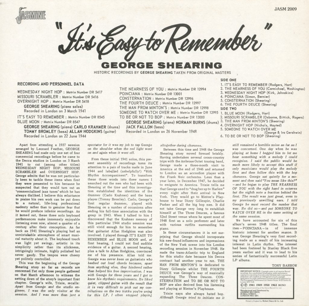 George Shearing - It's Easy To Remember - Lp