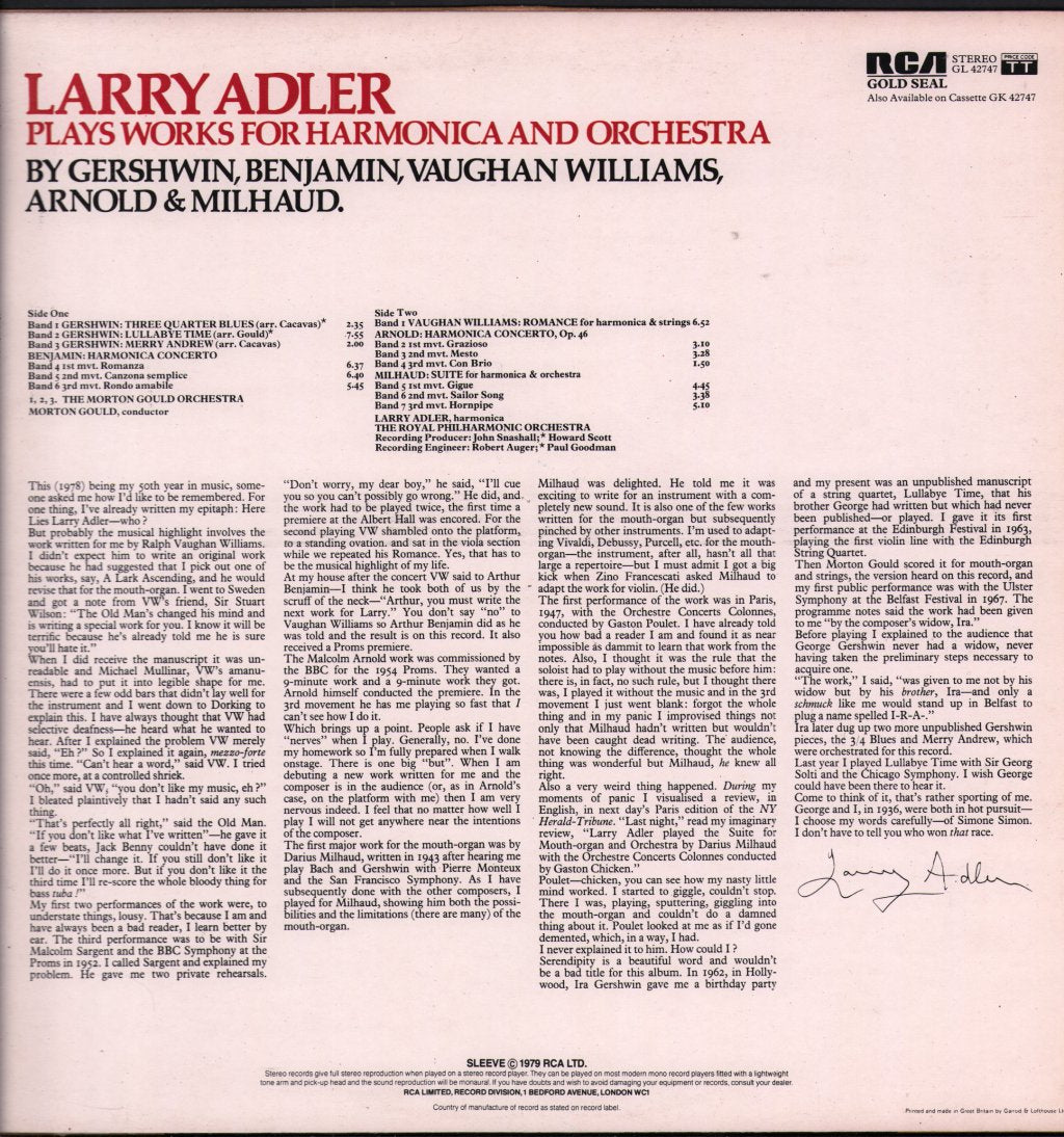 Larry Adler / Morton Gould And His Orchestra / Royal Philharmonic Orchestra - Larry Adler Plays Works For Harmonica And Orchestra - Lp