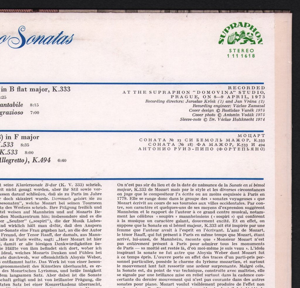 Antonio Ruiz-Pipo - Mozart - Piano Sonatas No 13 In B Flat Major / No.18 In F Major - Lp
