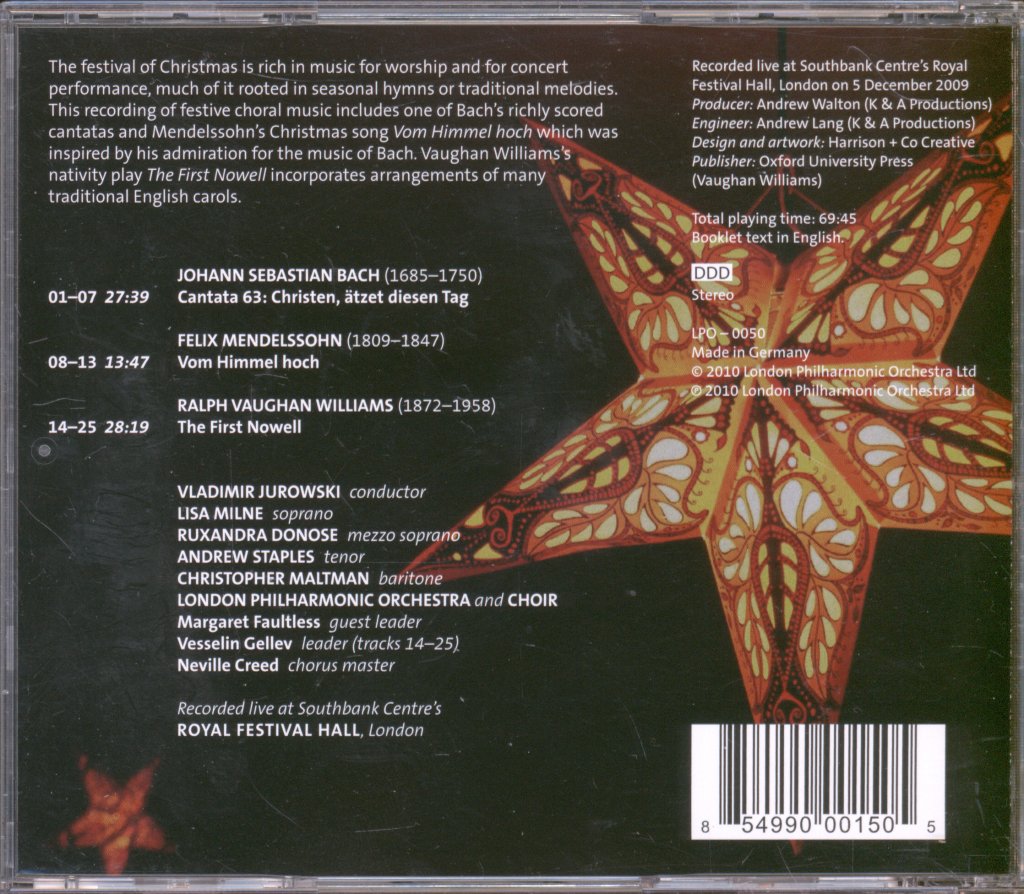London Philharmonic Orchestra And Choir,Vladimir Jurowski - Vaughan Williams / Bach / Mendelssohn - First Nowell / Cantata 63 / Vom Himmel Hoch - Cd