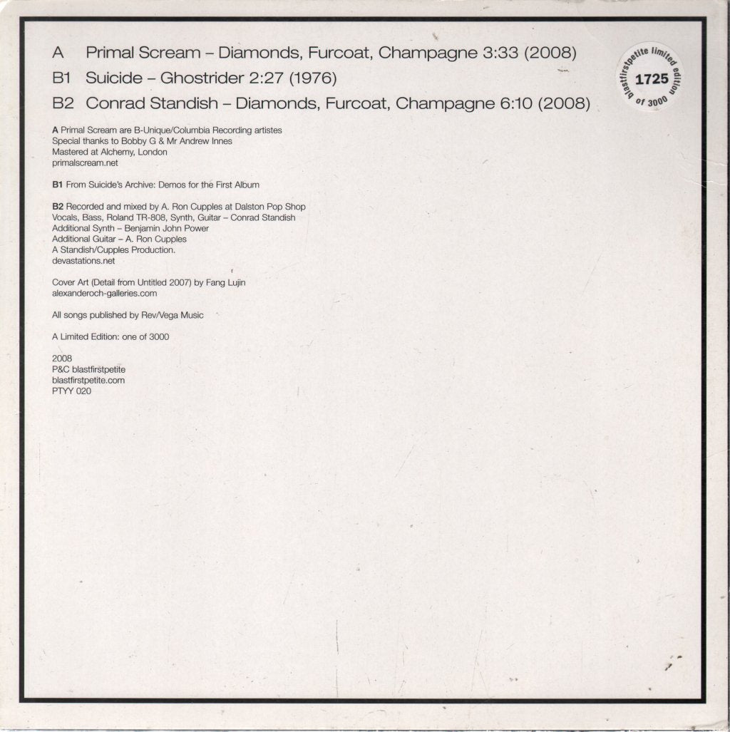Primal Scream/Suicide/Conrad Standish - Diamonds, Furcoat, Champagne - 10 Inch