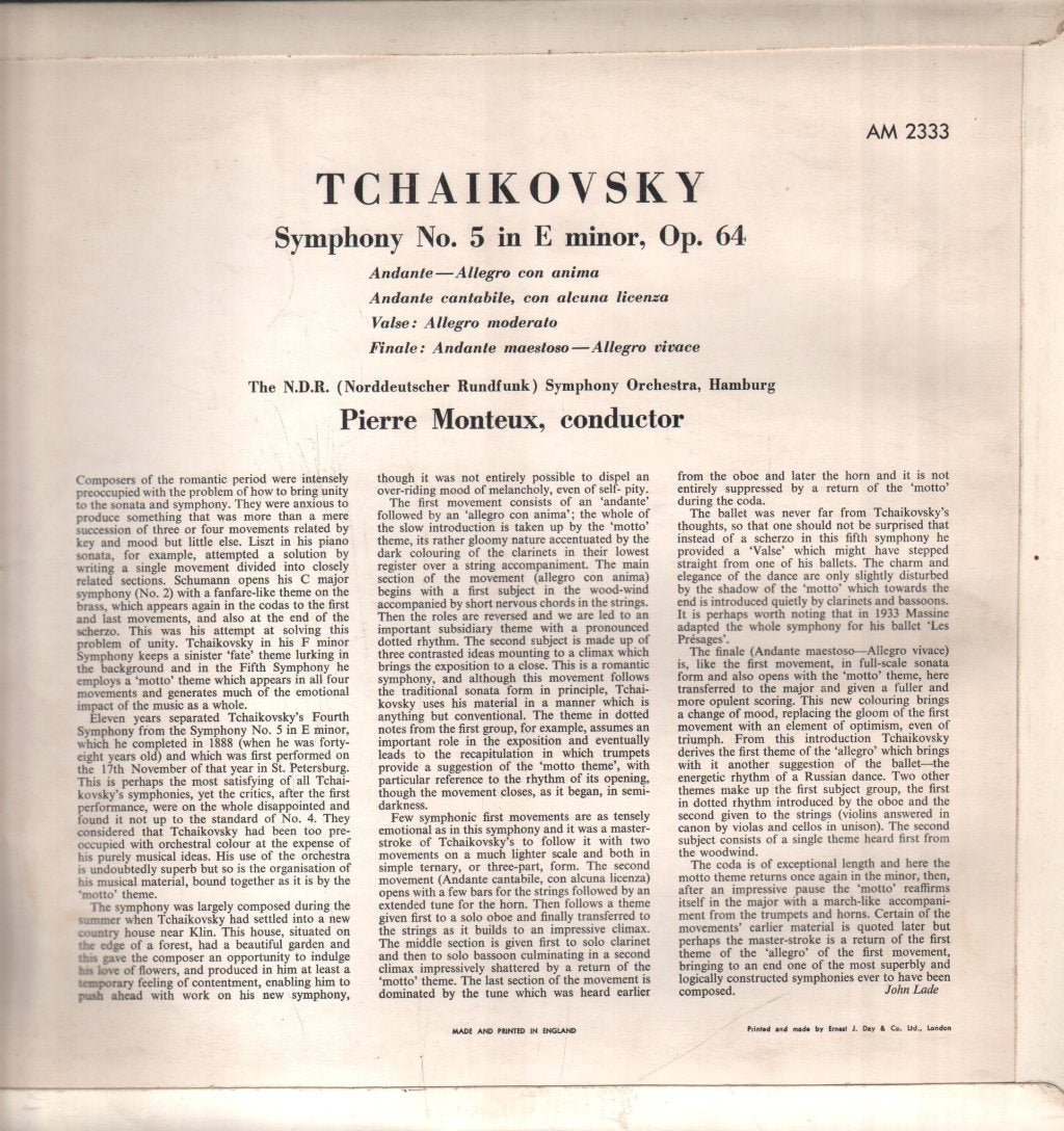 Pierre Monteux / N.D.R. Symphony Orchestra, Hamburg - Tchaikovsky - Symphony No. 5 - Lp
