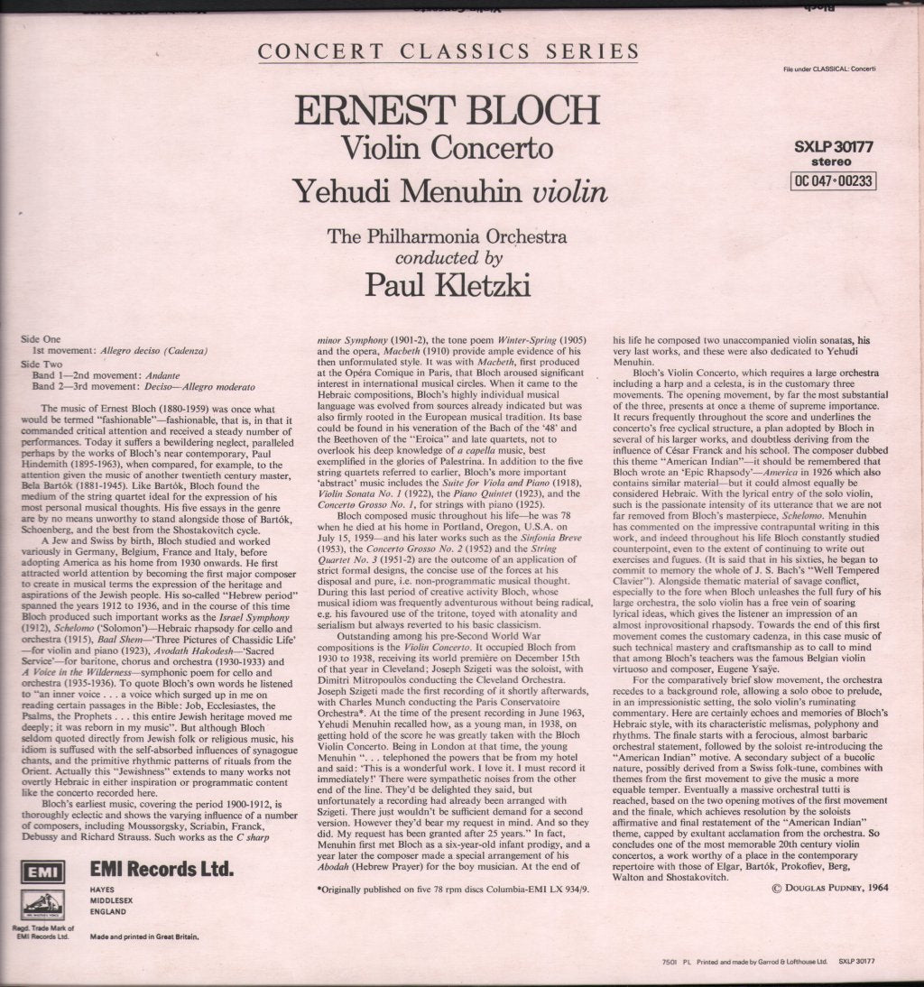 Yehudi Menuhin / Paul Kletzki / Philharmonia Orchestra - Bloch - Violin Concerto - Lp