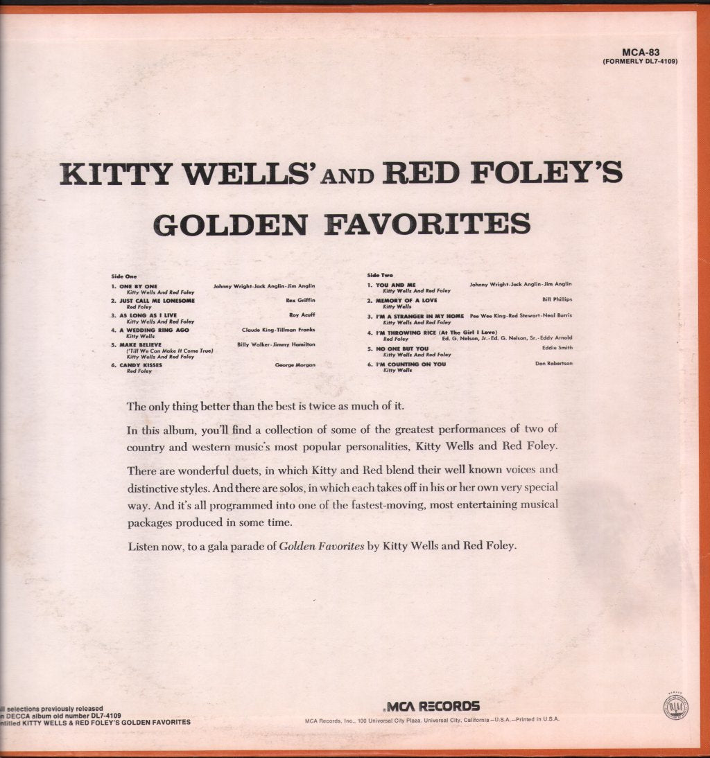 Kitty Wells And Red Foley - Kitty Wells' And Red Foley's Golden Favorites - Lp