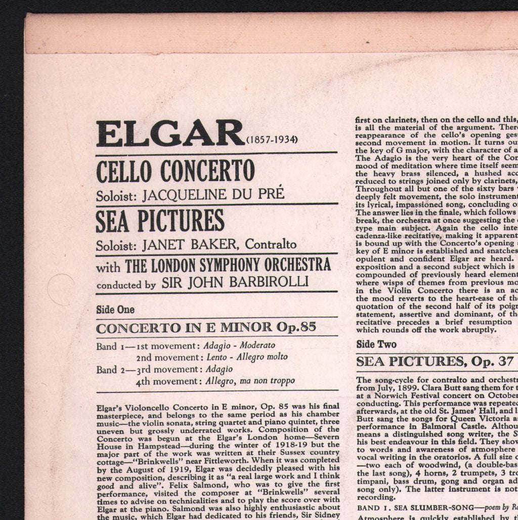 Jacqueline Du Pre / Janet Baker / Sir John Barbirolli / London Symphony Orchestra - Elgar - Cello Concerto / Sea Pictures - Lp