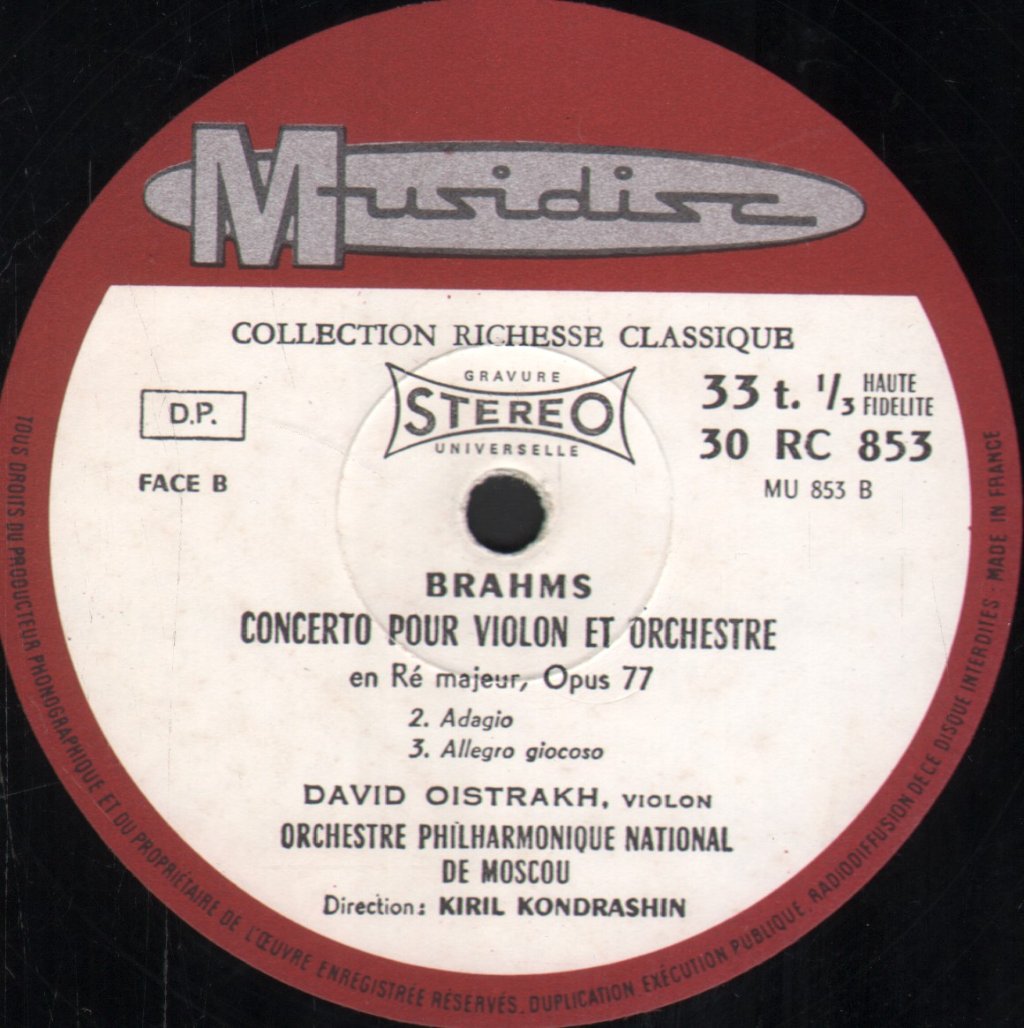 David Oistrakh / Kiril Kondrashin / Orchestre Philharmonique National De Moscou - Brahms - Concerto Pour Violon Et Orchestre En Ré Majeur Opus 77 - Lp