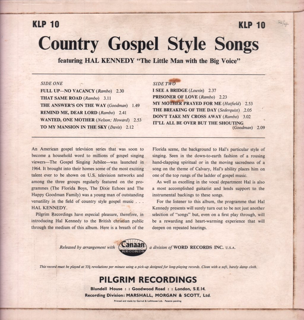 Hal Kennedy - Country Gospel Style Songs - Lp