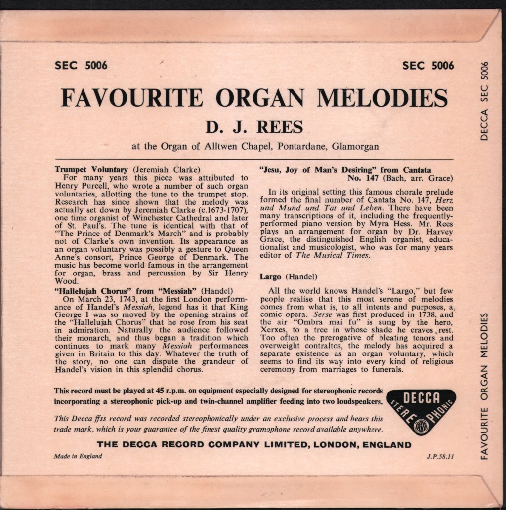 D. J. Rees - Favourite Organ Melodies - 7 Inch