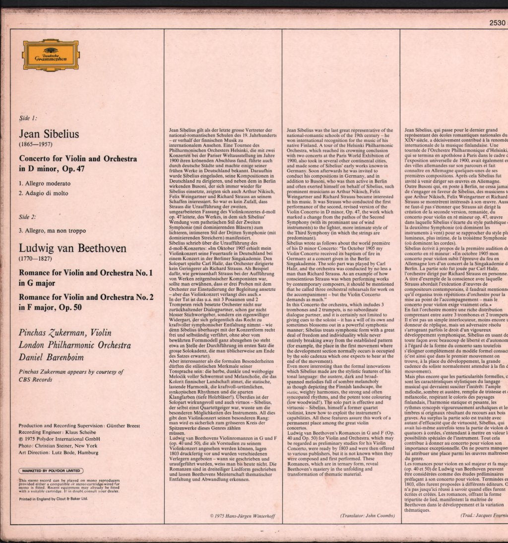 Pinchas Zukerman / Daniel Barenboim / London Philharmonic Orchestra - Sibelius - Violin Concerto - Lp