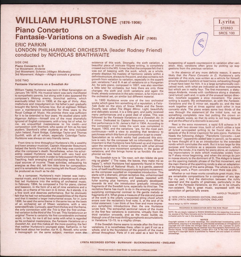 Eric Parkin / London Philharmonic Orchestra / Nicholas Braithwaite - William Hurlstone - Piano Concerto / Variations On A Swedish Air - Lp