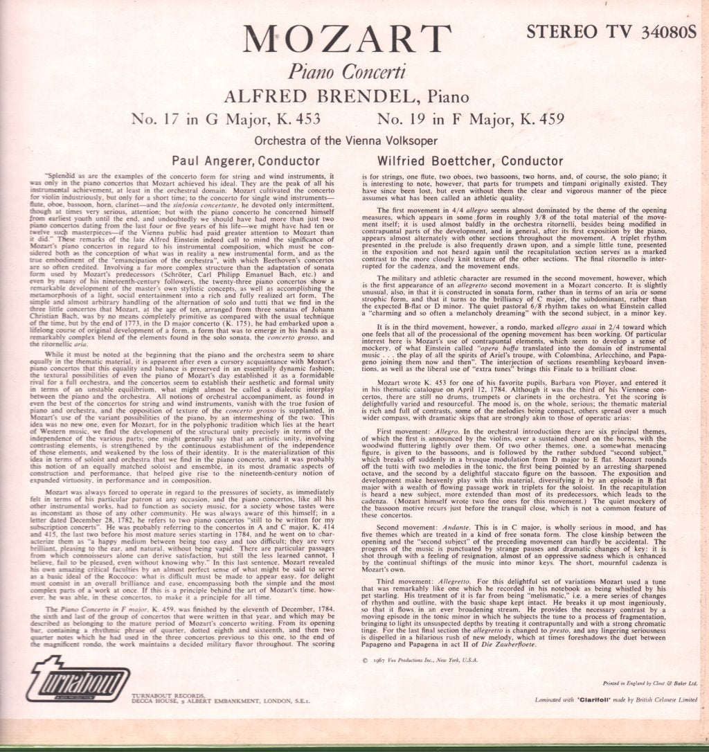 Alfred Brendel - Mozart Piano Concerti No.17 in G Major/No.19 in F Major - Lp