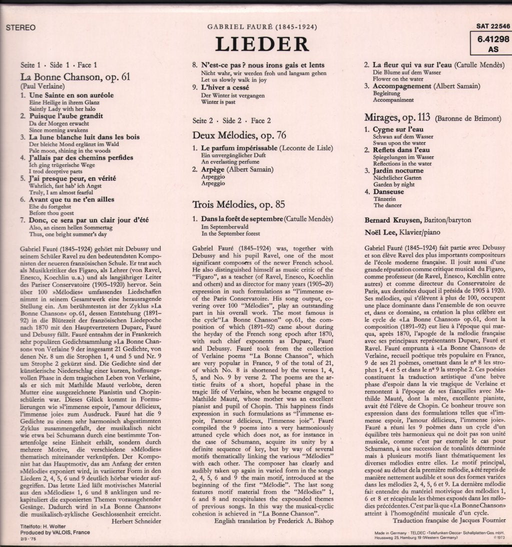 Bernard Kruysen / Noel Lee - Gabriel Fauré - Lieder - Melodies - Mélodies - Lp