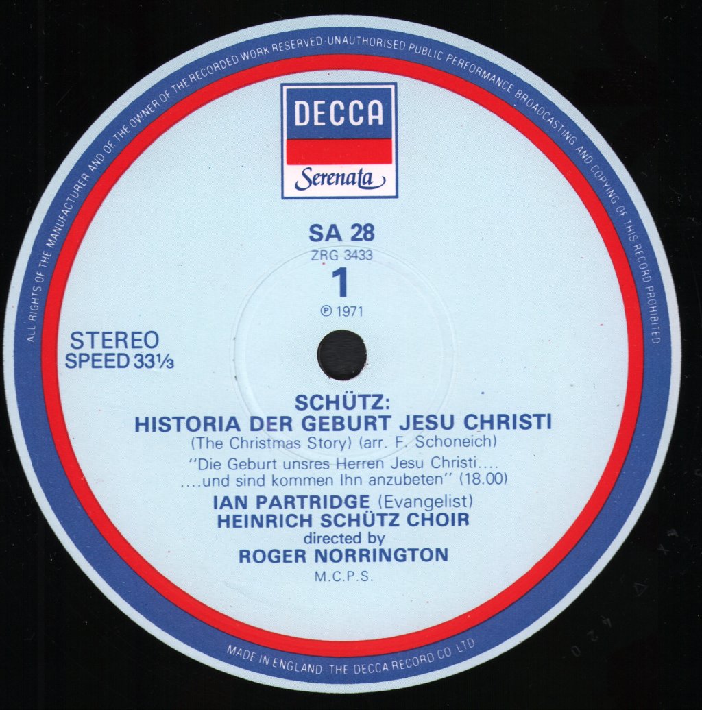 Ian Partridge / Heinrich Schutz Choir / Roger Norrington - Heinrich Schutz - Historia Der Geburt Jesu Christi / Christmas Story - Lp