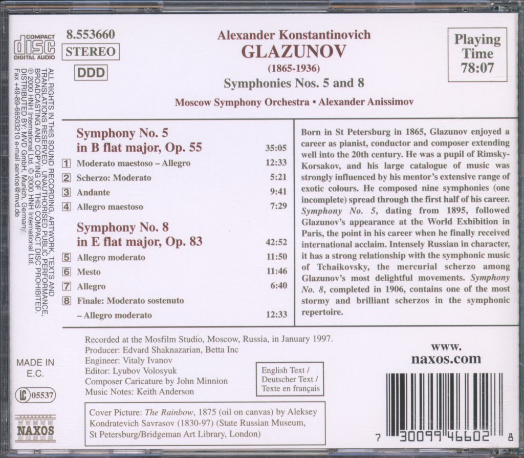 Moscow Symphony Orchestra, Alexander Anissimov - Glazunov - Symphonies Nos. 5 And 8 - Cd