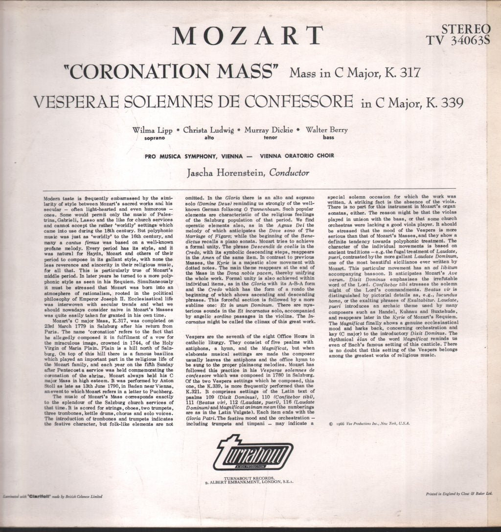Jascha Horenstein / Pro Musica Symphony - Mozart - Coronation Mass Vesperae Solemnes De Confessore - Lp
