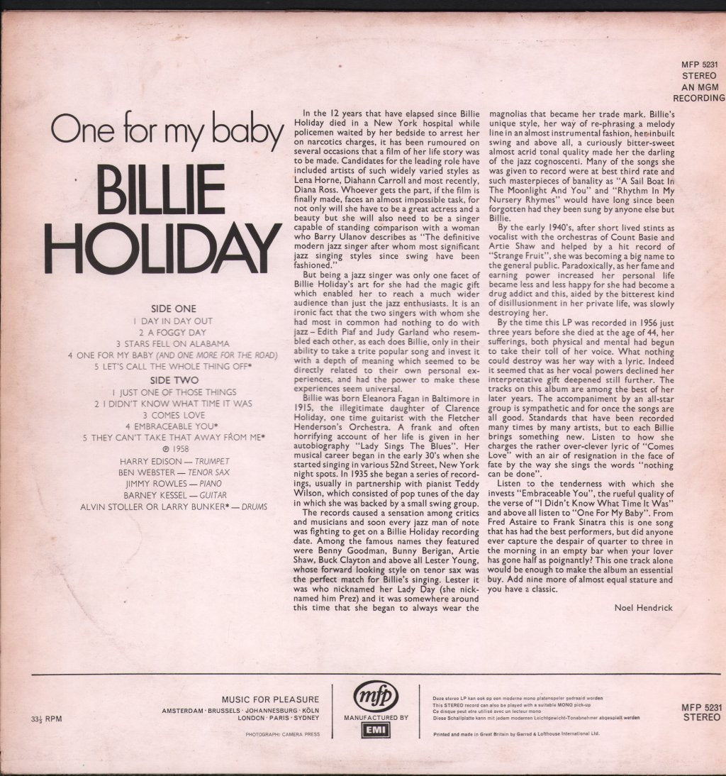 Billie Holiday - One For My Baby - Lp