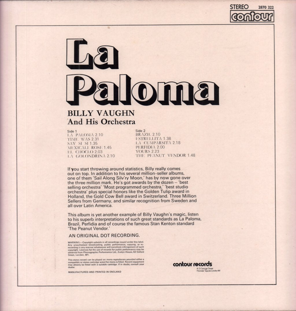 Billy Vaughn And His Orchestra - La Paloma - Lp