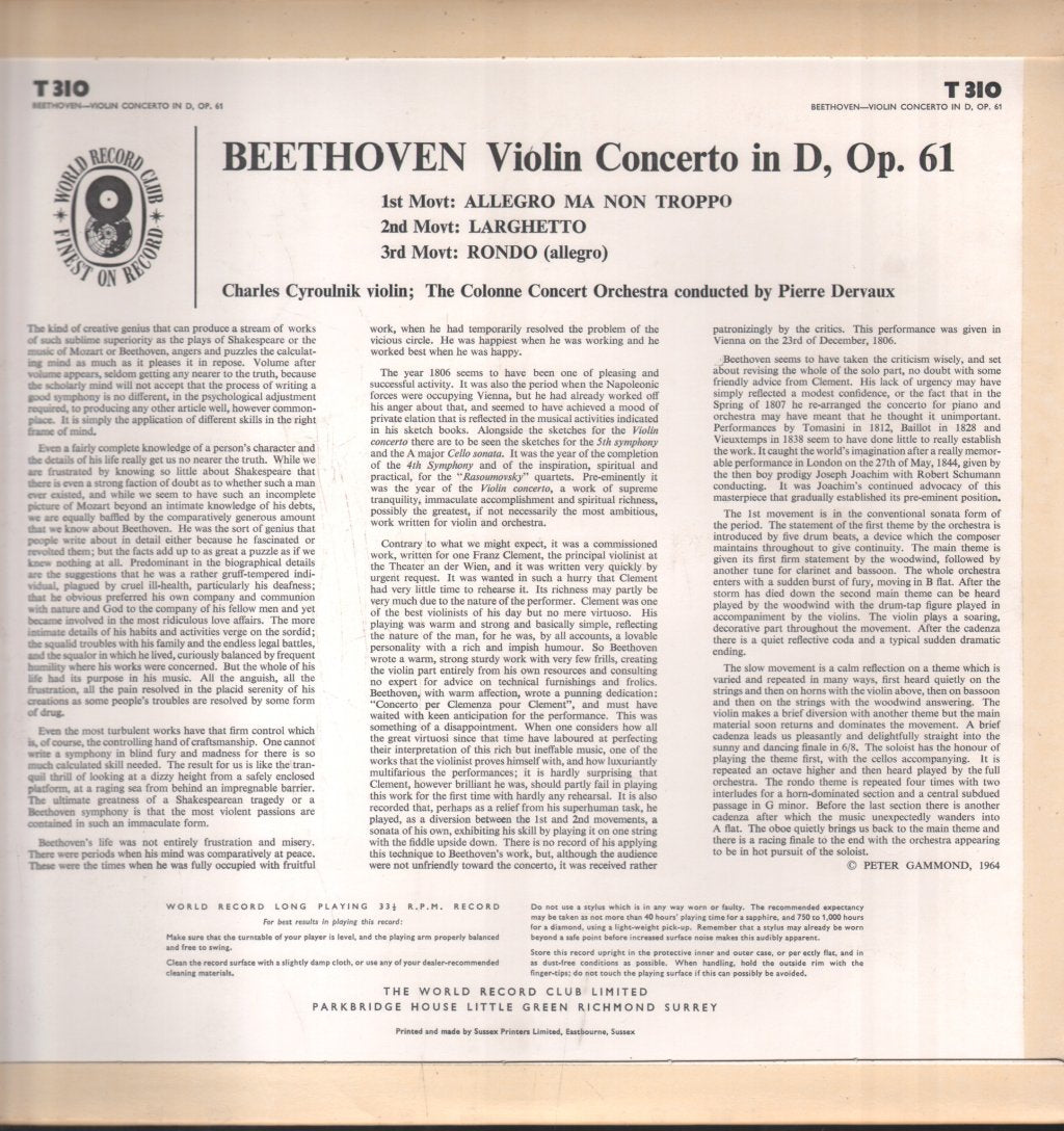 Charles Cyroulnik / Colonne Concert Orchestra - Beethoven - Violin Concerto - Lp