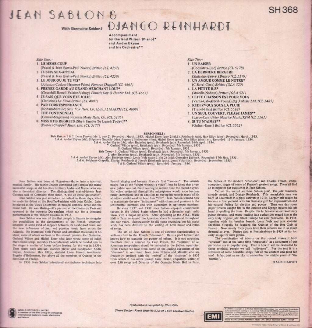 Jean Sablon and Django Reinhardt With Germaine Sablon - 1933-1936 - Lp