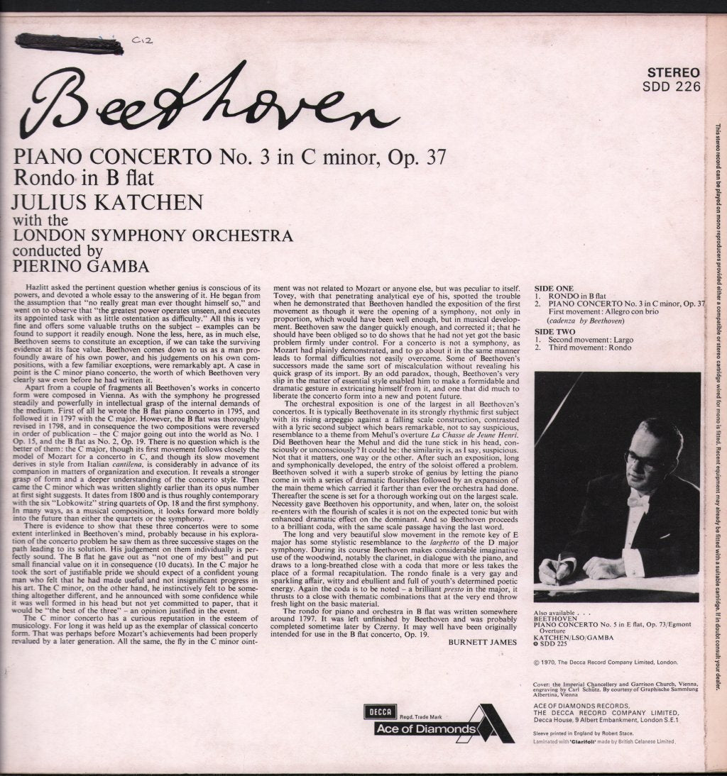 Julius Katchen / London Symphony Orchestra / Pierino Gamba - Beethoven - Piano Concerto No 3 / Rondo In B Flat - Lp