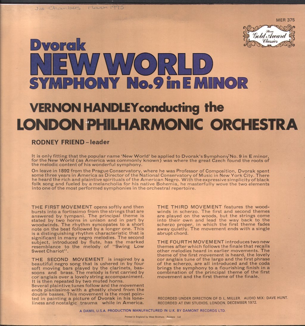 Vernon Handley / London Philharmonic Orchestra - Dvorak - New World Symphony - Lp