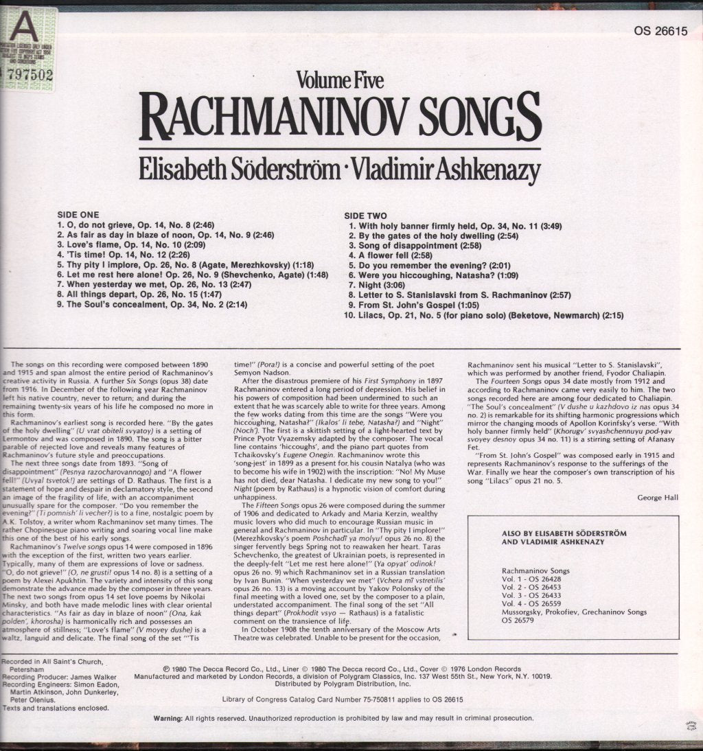 Elisabeth Soderstrom / Vladimir Ashkenazy - Rachmaninov Songs - Lp