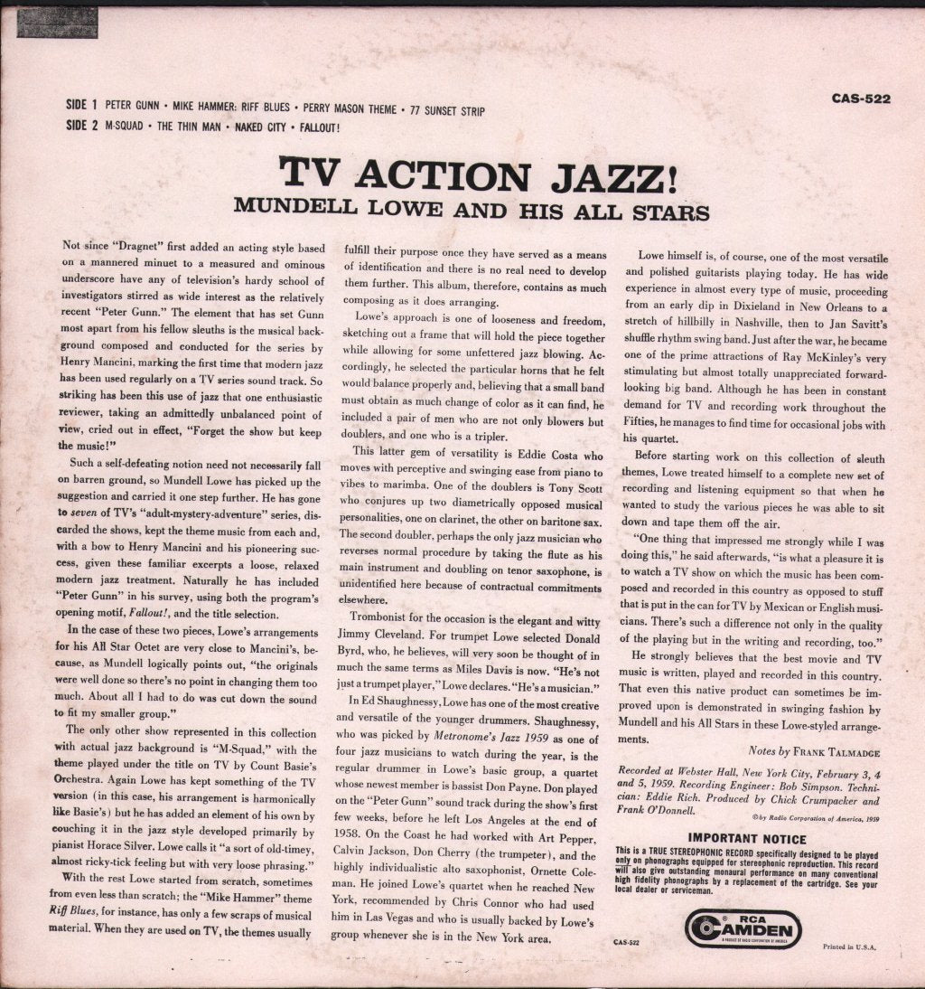 Mundell Lowe And His All Stars - TV Action Jazz! - Lp