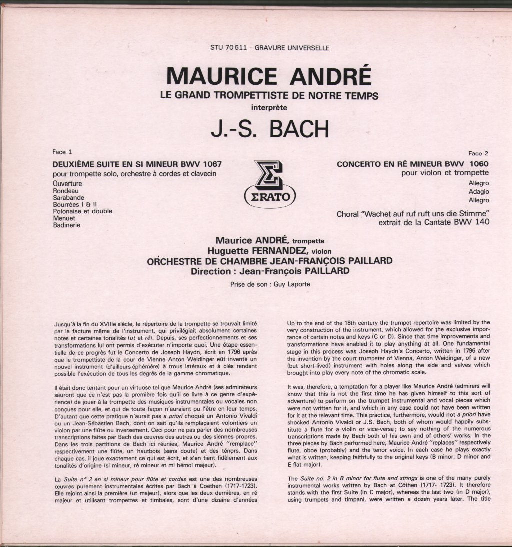 Maurice Andre / Huguette Fernandez / Orchestre De Chambre Jean-Francois Paillard - J.S.Bach - Suite En Si Mineur / Concerto Pour Violon & Trompette - Lp