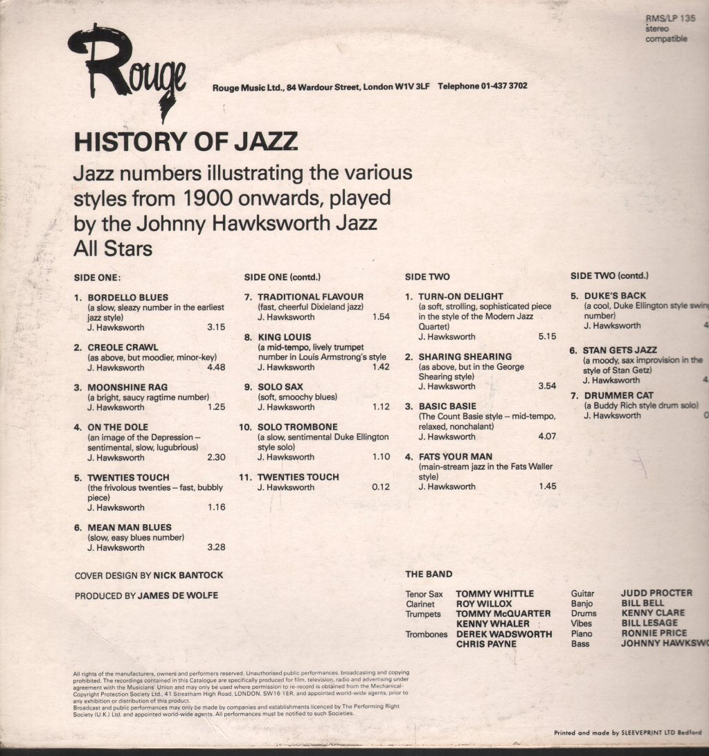 Johnny Hawksworth Jazz All Stars - History Of Jazz - Lp