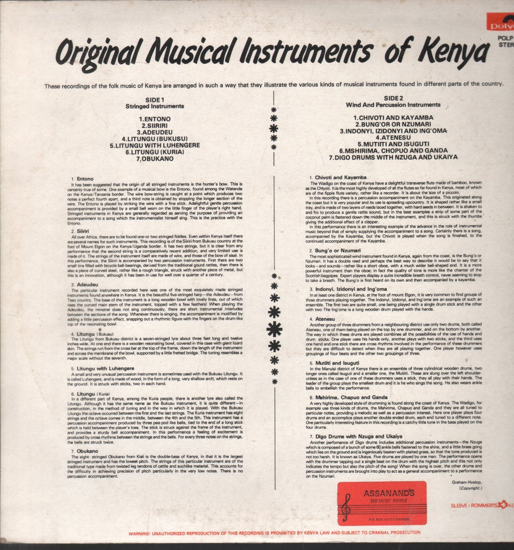 Various Artists - Original Musical Instruments Of Kenya - Lp