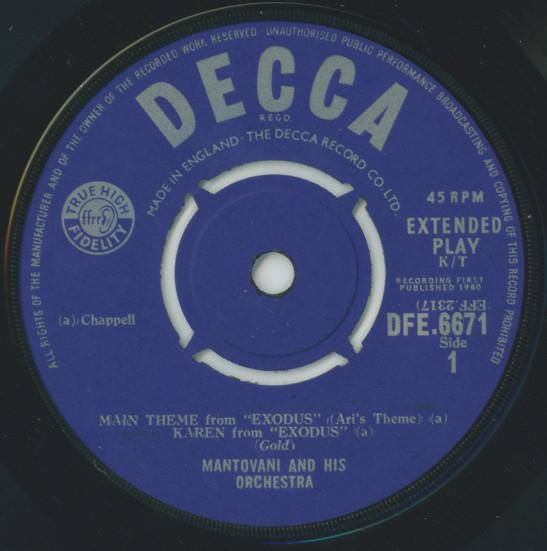 Mantovani - Plays The Theme From Exodus And Other Themes - 7 Inch