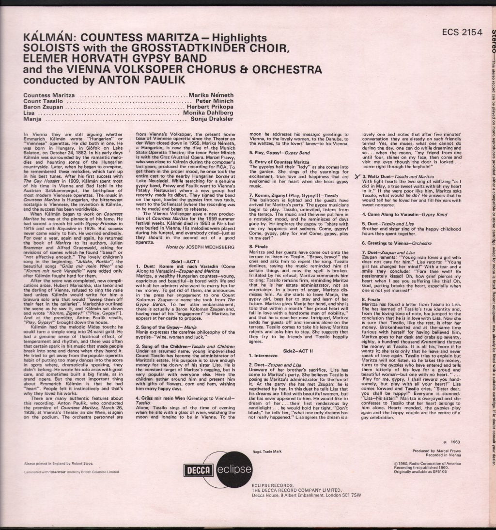 Vienna Volksoper Chorus & Orchestra / Anton Paulik - Kalman - Countess Maritza - Highlights - Lp