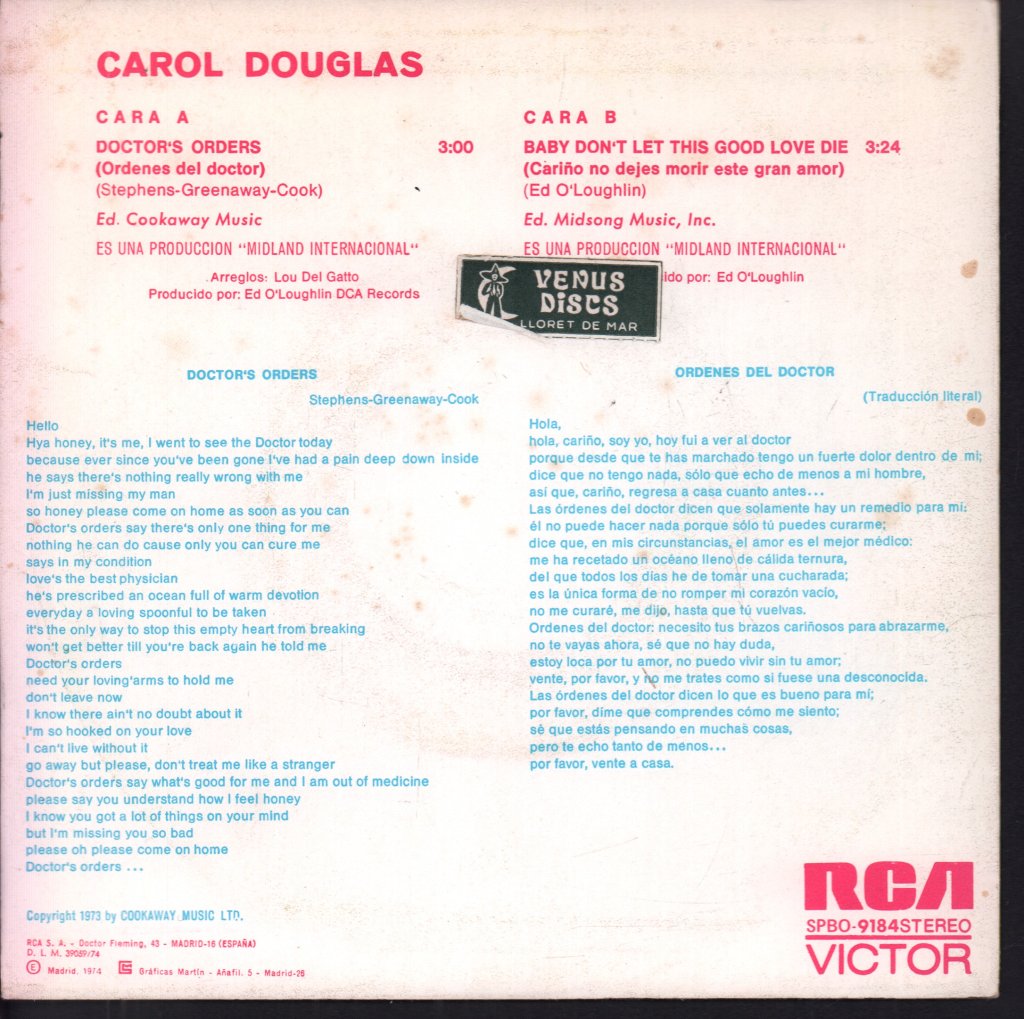 Carol Douglas - Doctor's Orders - 7 Inch