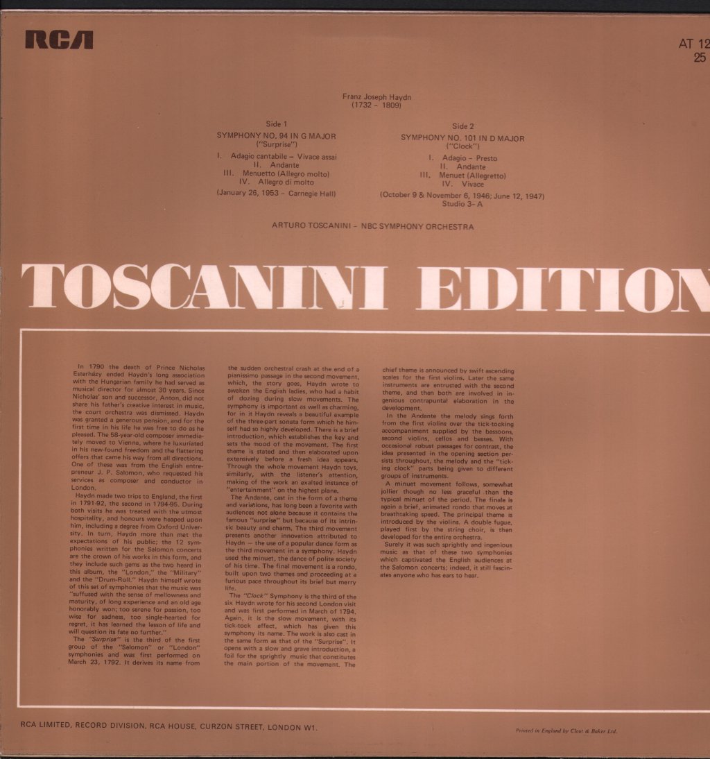 Arturo Toscanini / NBC Symphony Orchestra - Haydn - Symphony No. 94 In G Major / Symphony No. 101 In D Major - Lp