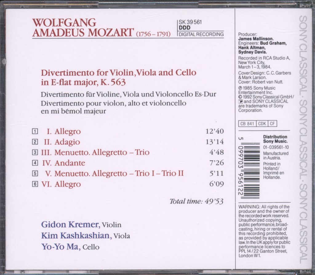 Gidon Kremer, Kim Kashkashian, Yo Yo Ma - Mozart - Divertimento, K. 563 - Cd